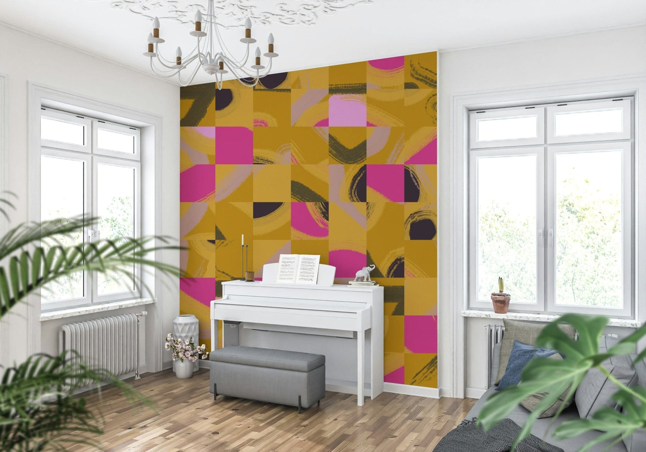 Artistic Tile Play wallpaper abstract brushstroke tile grid design.