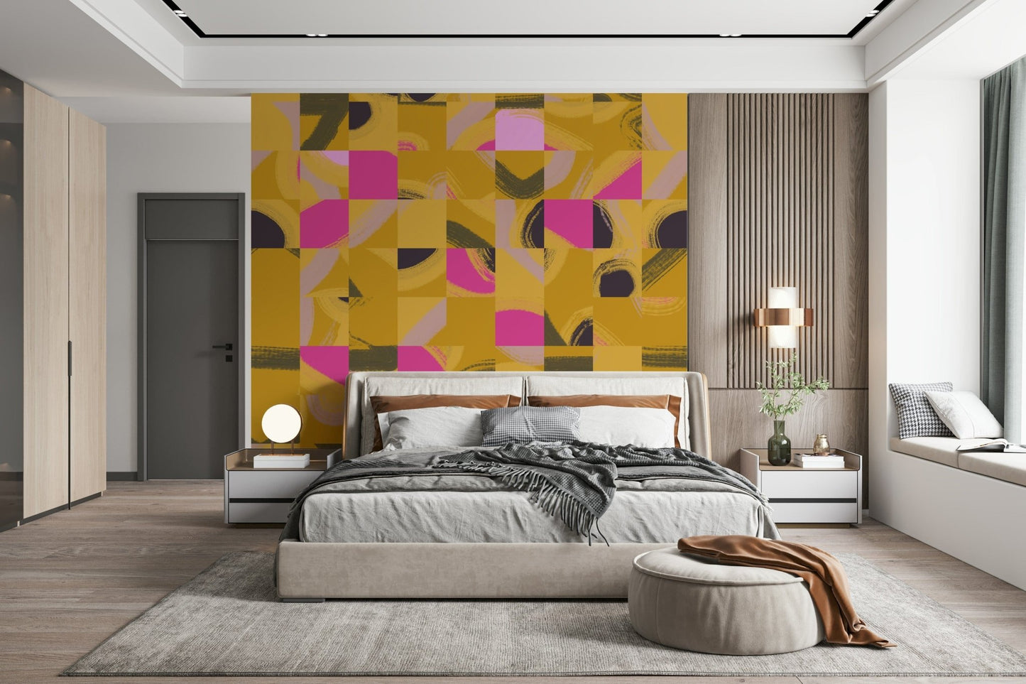 Unique peel and stick wallpaper abstract color block style.