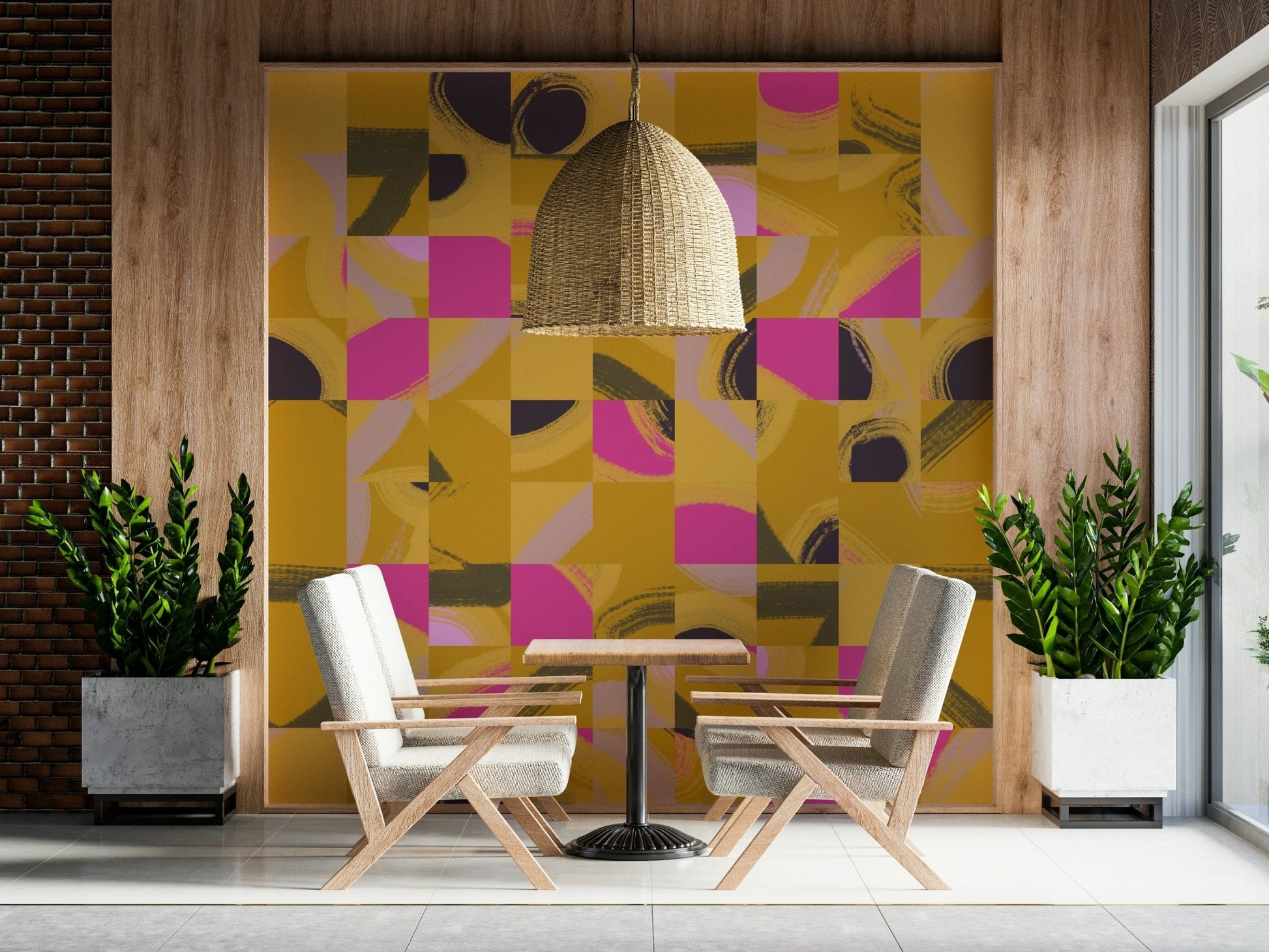 Graphic square abstract wallpaper for walls vibrant interior art.