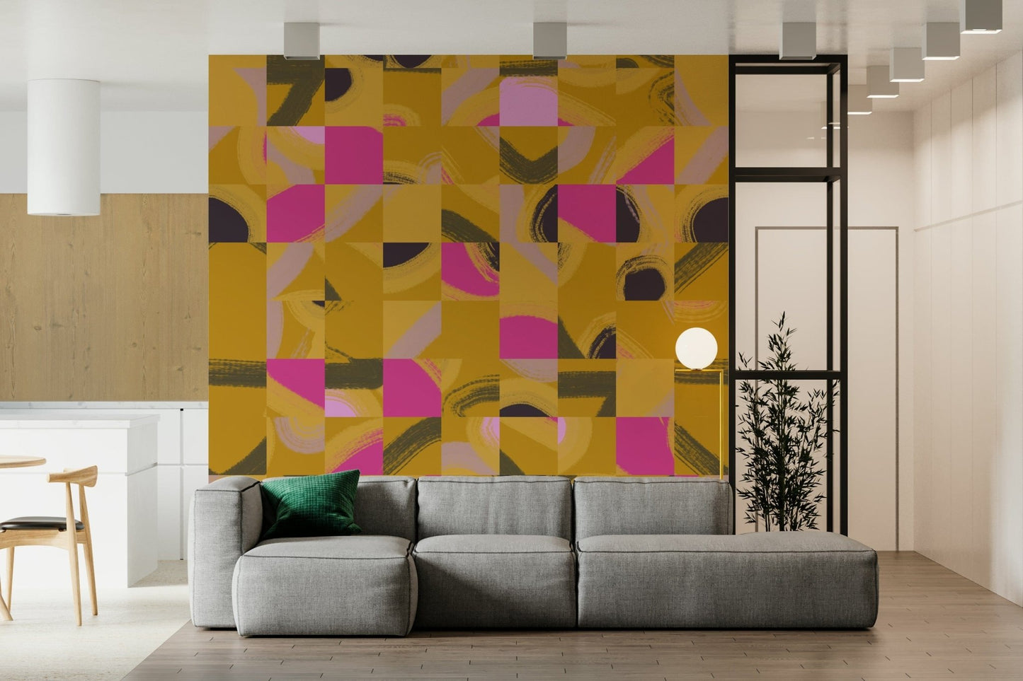 Colorful abstract peel and stick painted square pattern design.