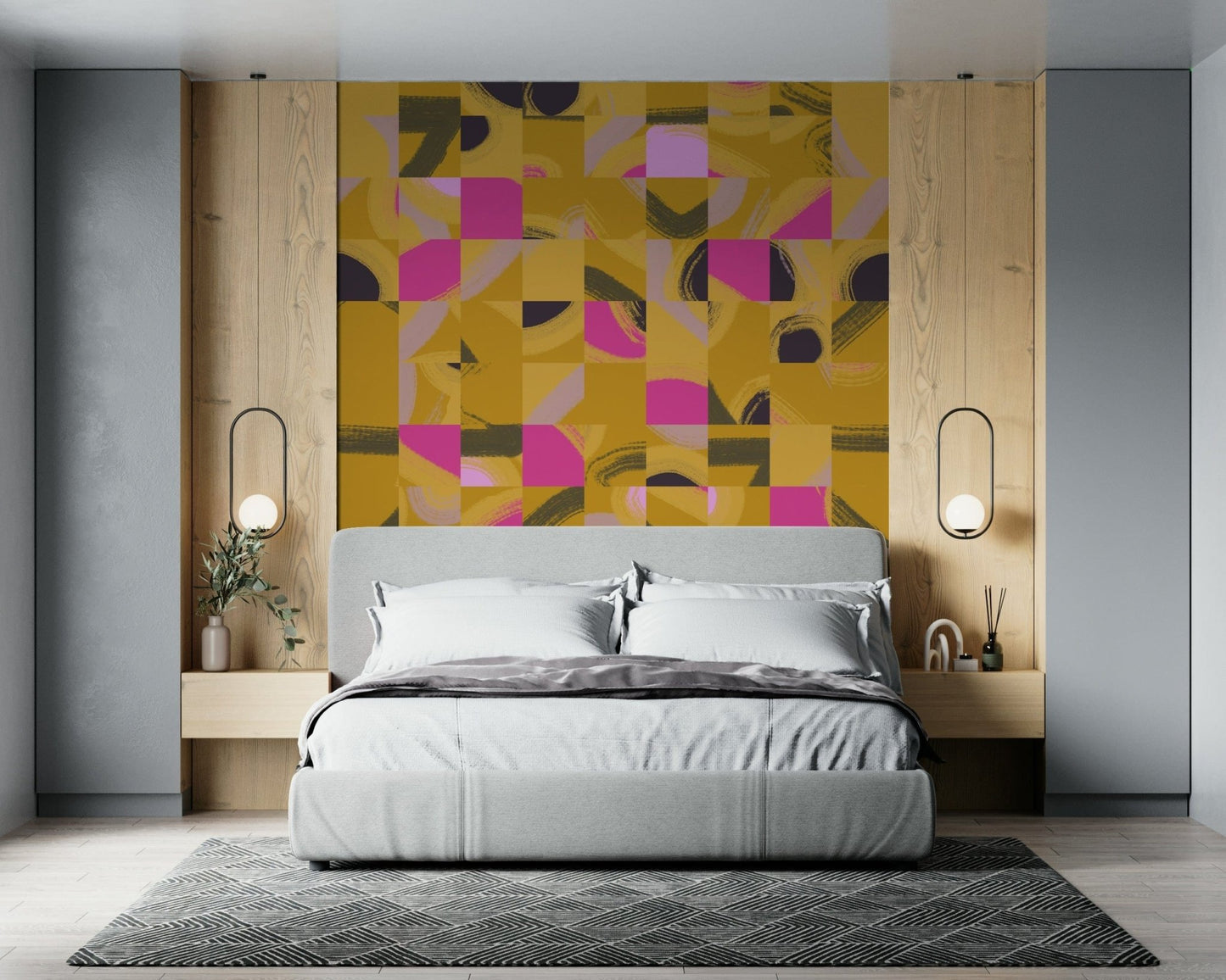 Dynamic tile mosaic wall mural bold brushstroke movement.