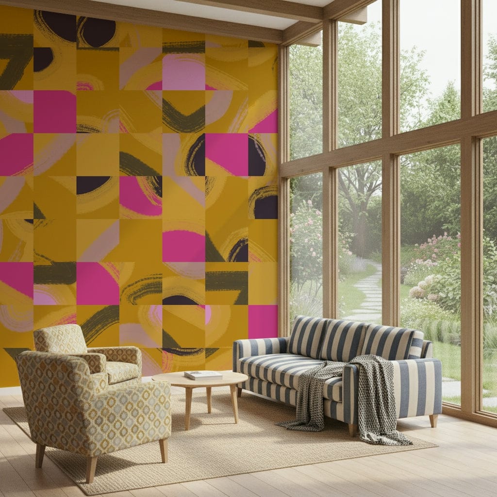 Gold magenta geometric mural striking square pattern artwork.