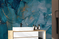 High-definition blue wall mural featuring fine crystalline marble patterns.