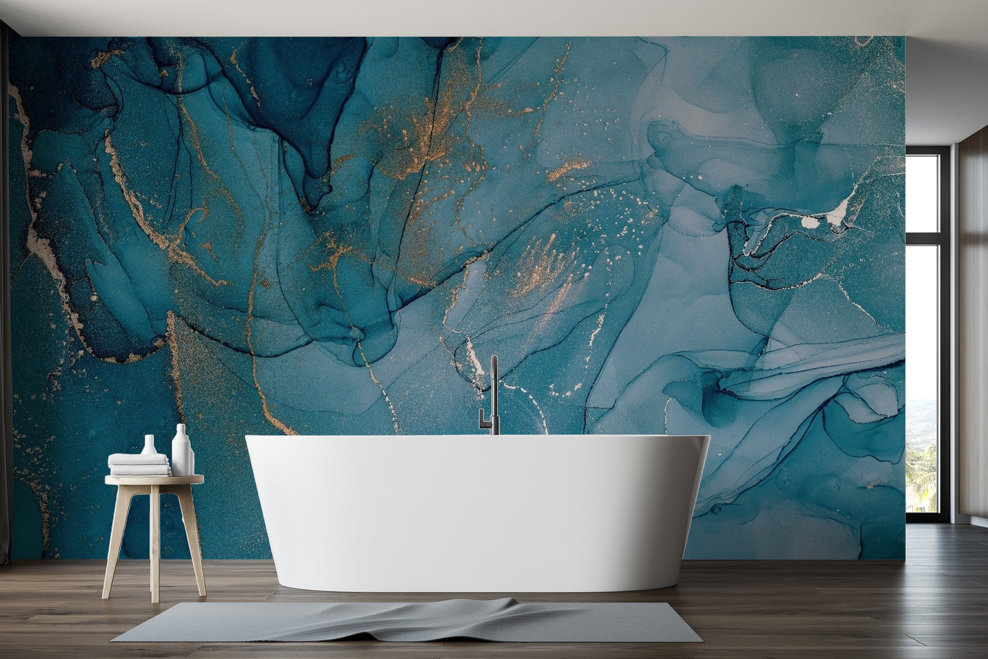 Abstract expressionist wallpaper mural with soft sky blue ink movements.
