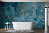 Abstract expressionist wallpaper mural with soft sky blue ink movements.
