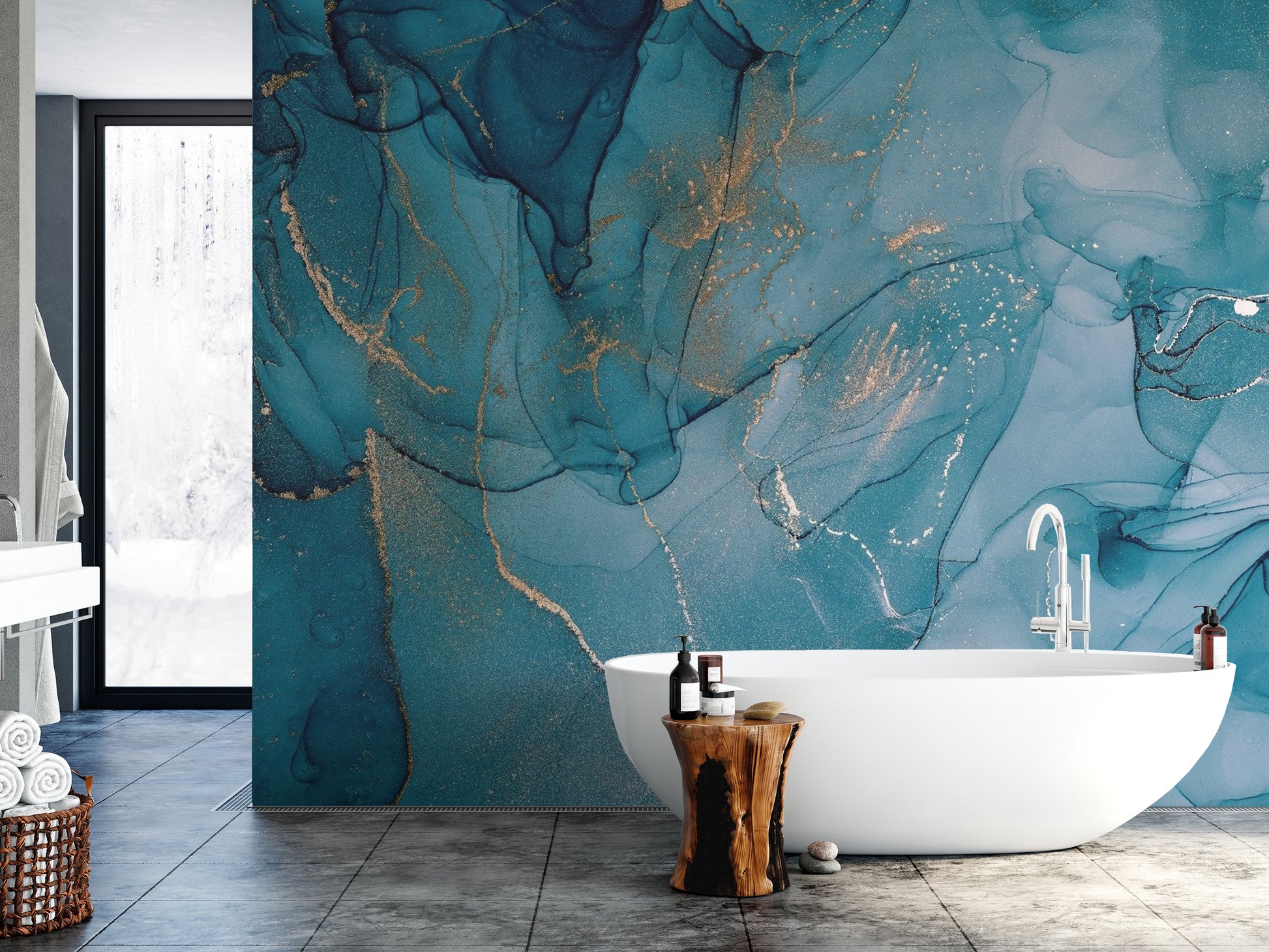 Radiant teal and gold alcohol ink art wall mural for a luxury backdrop.