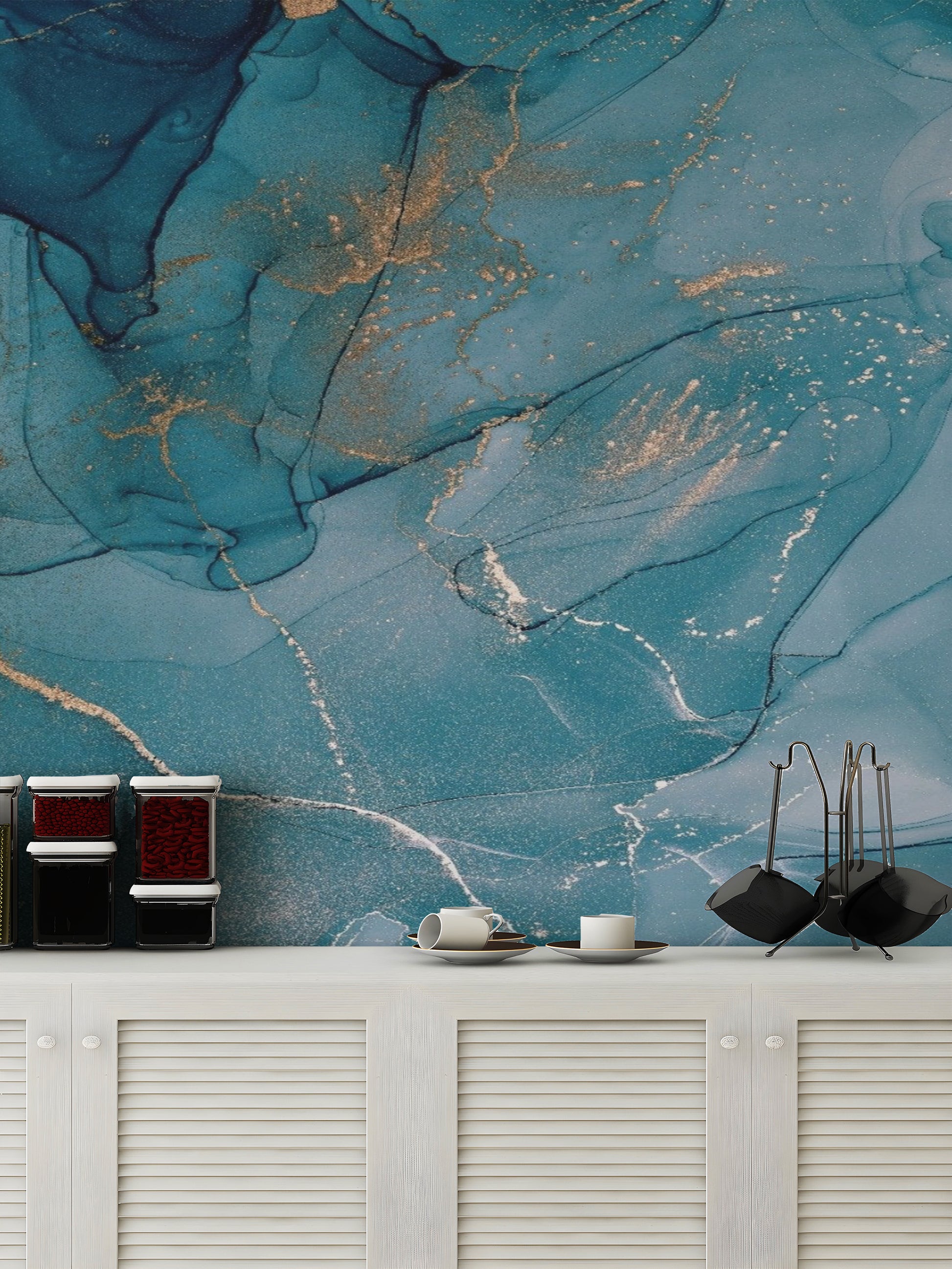 Detailed watercolor style wallpaper mural with layered lapis lazuli tones.