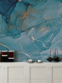 Detailed watercolor style wallpaper mural with layered lapis lazuli tones.