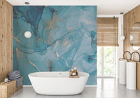 Sophisticated blue bathroom wall mural showing metallic gold splatters and washes.