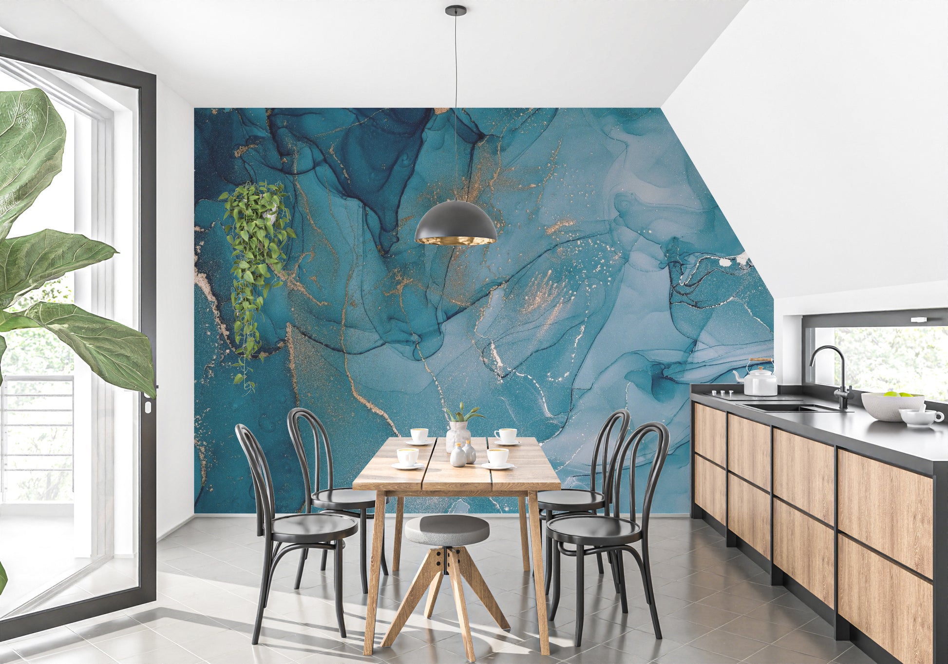 Textured matte finish kitchen wall mural with organic turquoise ink bleeds.