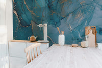 Minimalist white and azure alcohol ink wallpaper mural for a feature wall.