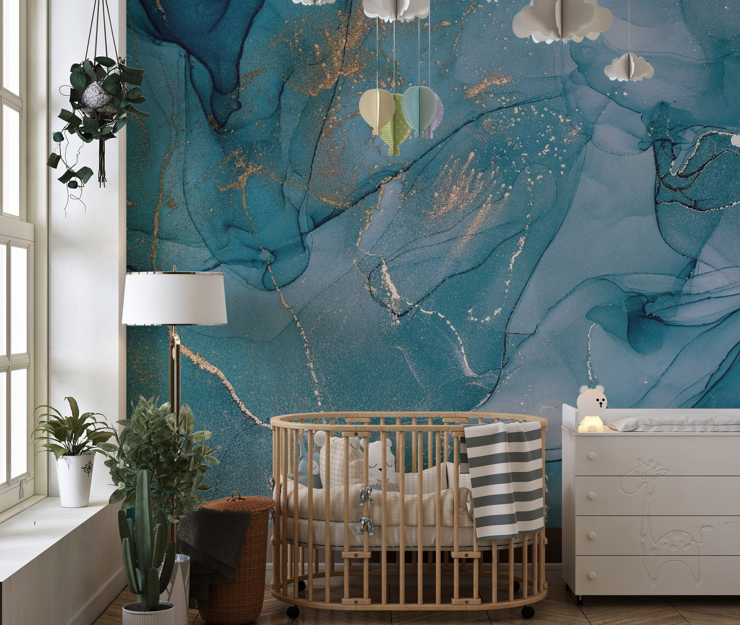 Artistic blue kids room wall mural depicting a dreamy translucent sapphire landscape.
