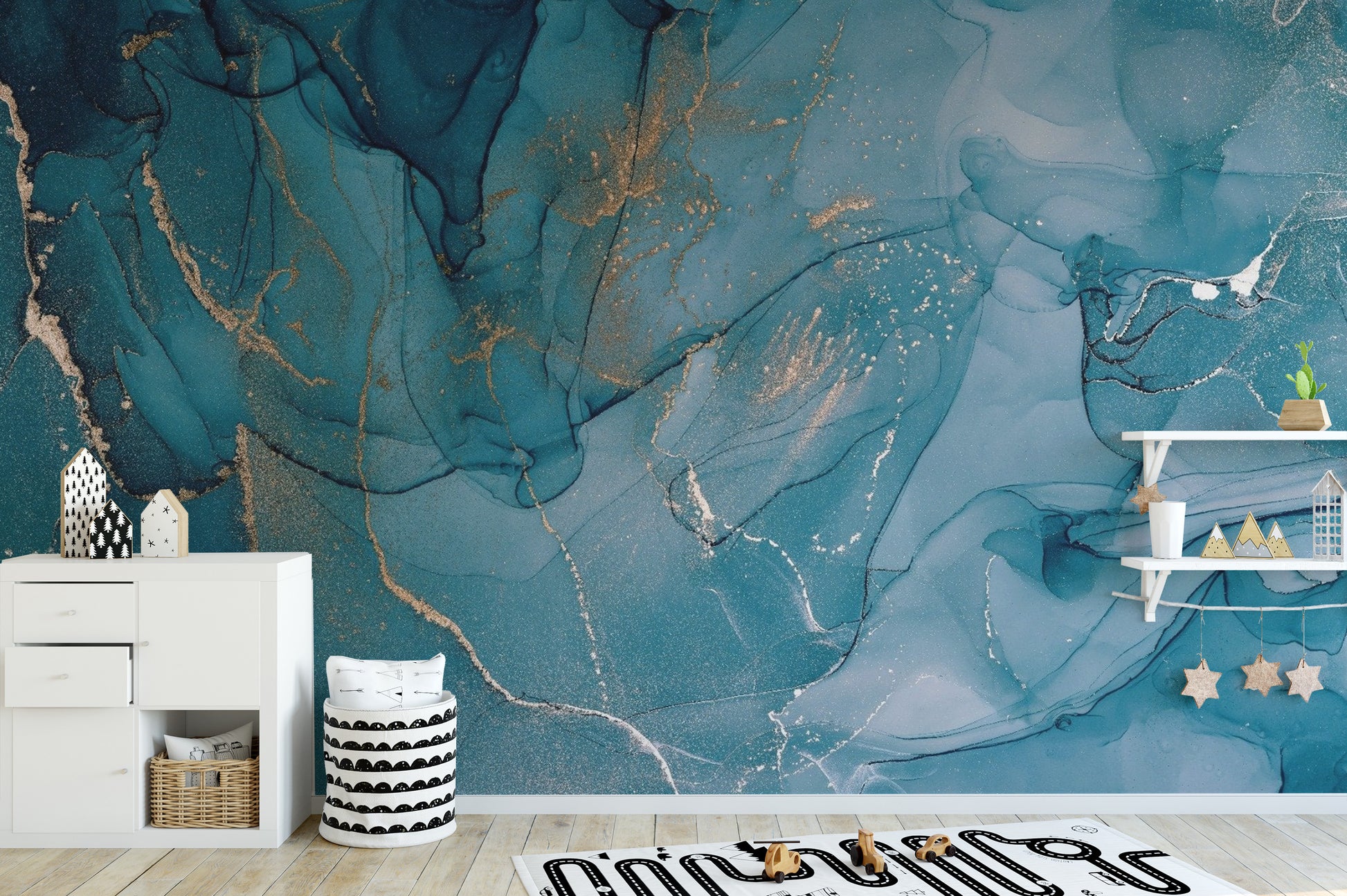 Modern deep indigo wall mural with ethereal flowing ink textures.