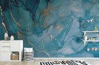 Modern deep indigo wall mural with ethereal flowing ink textures.