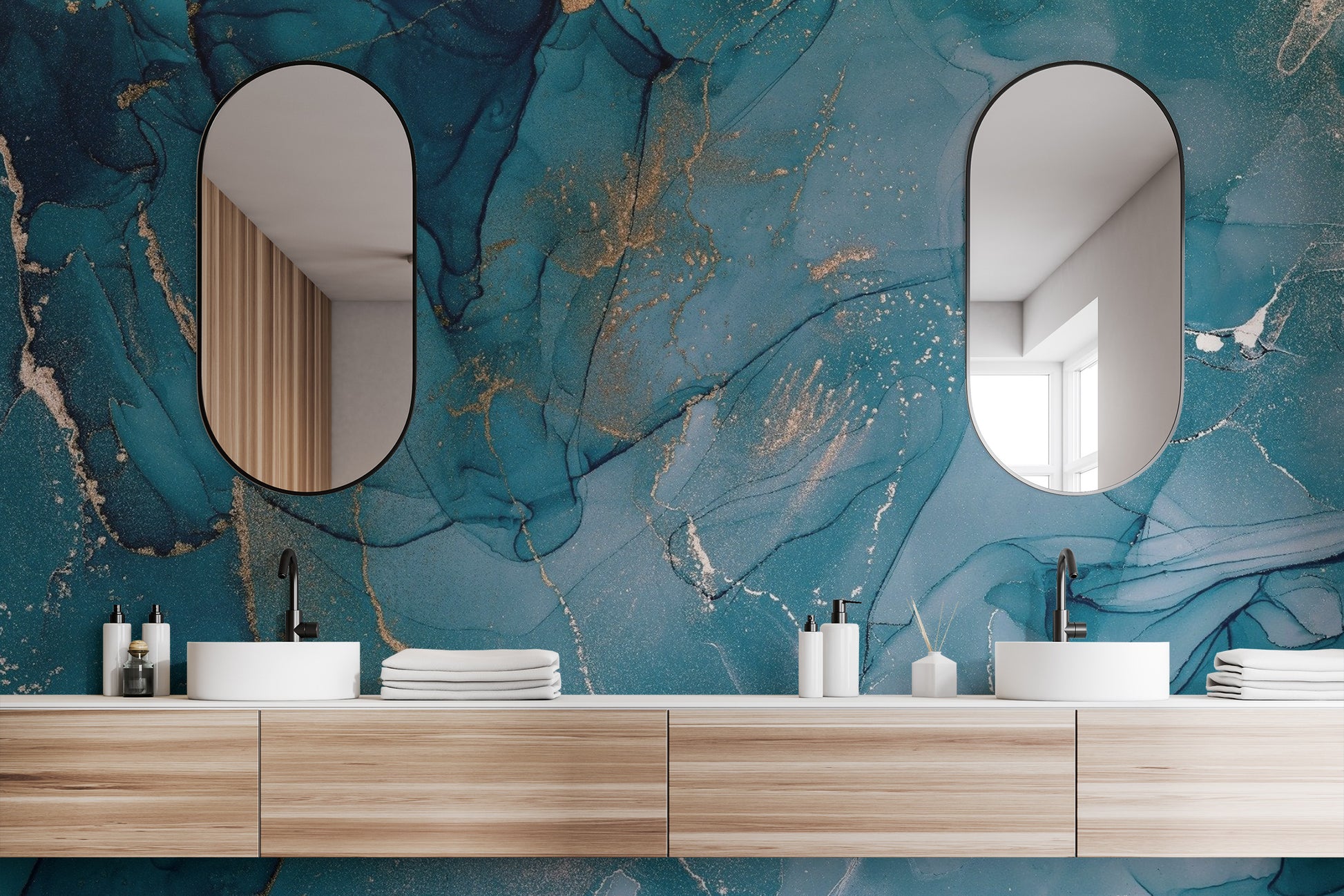 Abstract liquid marble bathroom wallpaper mural featuring shimmering gold veins.