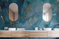 Abstract liquid marble bathroom wallpaper mural featuring shimmering gold veins.
