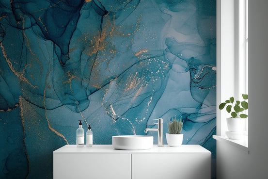 Alcohol ink art blue wall mural with fluid navy and cobalt swirls.