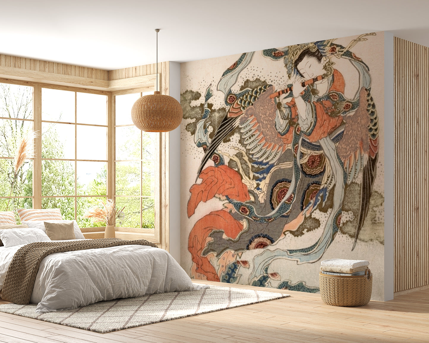 Asian Angel wallpaper mural of a phoenix-riding deity beside a bed and rattan pendant lamp in a sunlit bedroom