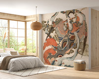 Asian Angel wallpaper mural of a phoenix-riding deity beside a bed and rattan pendant lamp in a sunlit bedroom