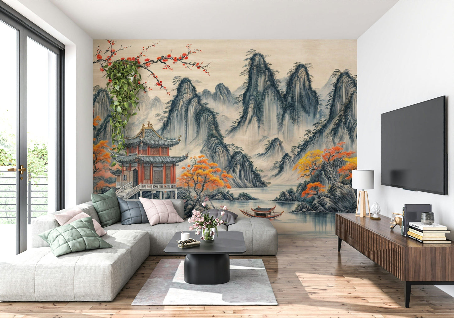 Oriental garden art wallpaper for a sophisticated flat living area.