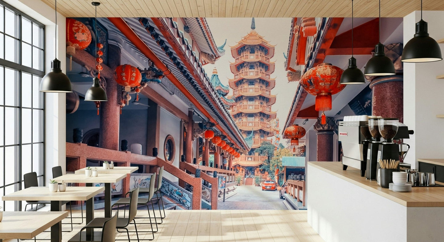 Oriental pagoda scene, Asian Temple Vista, calming wall decor.