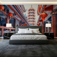 Multi-story Asian Temple Vista, beautiful path, striking cultural building, wall art.