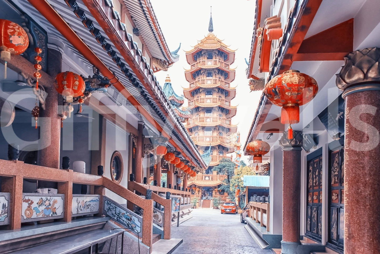 Asian Temple Vista peel and stick: vibrant courtyard atmosphere.