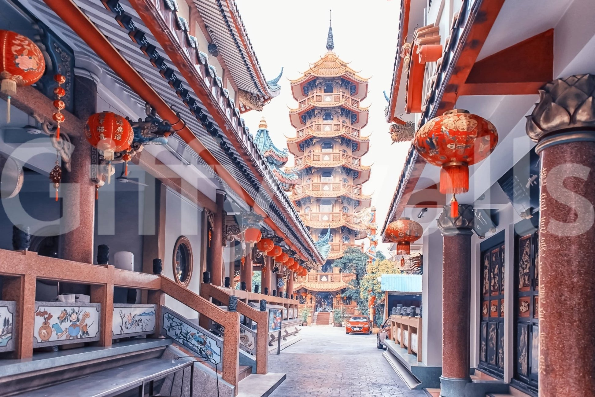 Asian Temple Vista peel and stick: vibrant courtyard atmosphere.