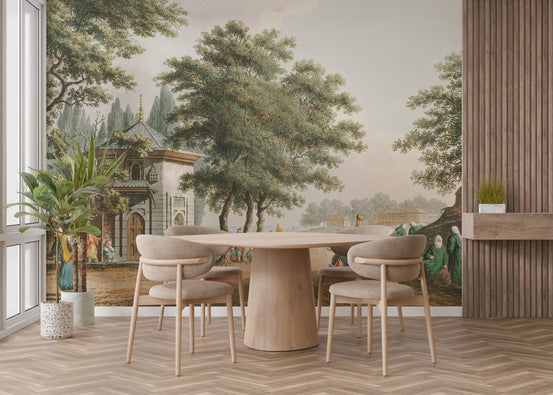 Atavistic Town wallpaper mural shown as a full feature wall that highlights the design