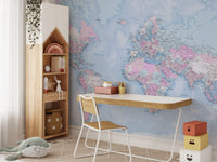 Chic blue world map wallpaper with a sleek design.