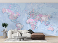 Elegant blue world map wallpaper mural for modern interiors.