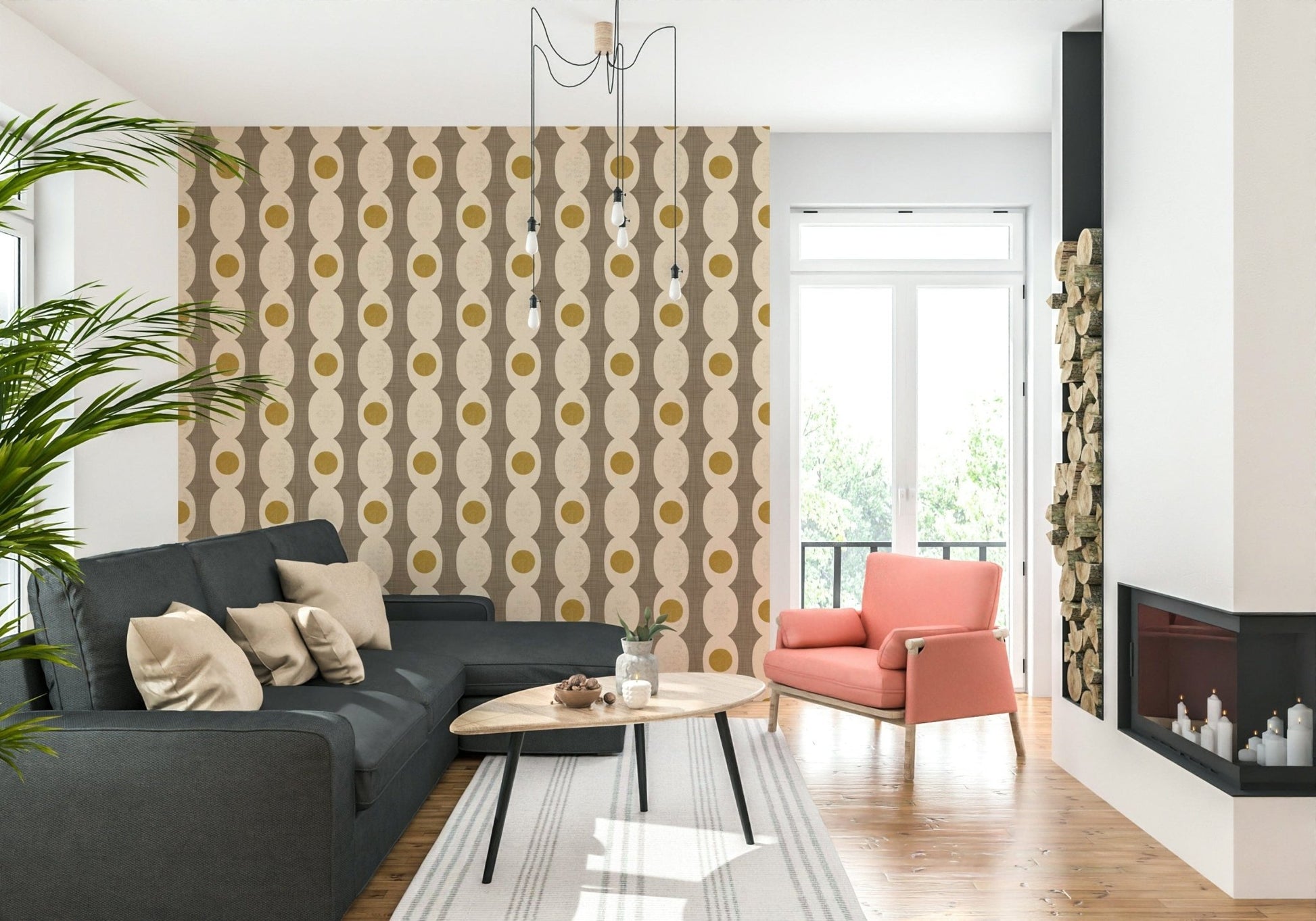 Vintage-inspired atomic pattern in warm beige for a subtle retro feel.