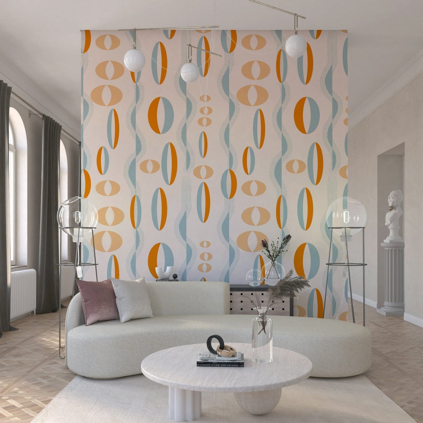 Vintage wallpaper featuring classic atomic-era motifs with elongated ovals and wavy blue lines.