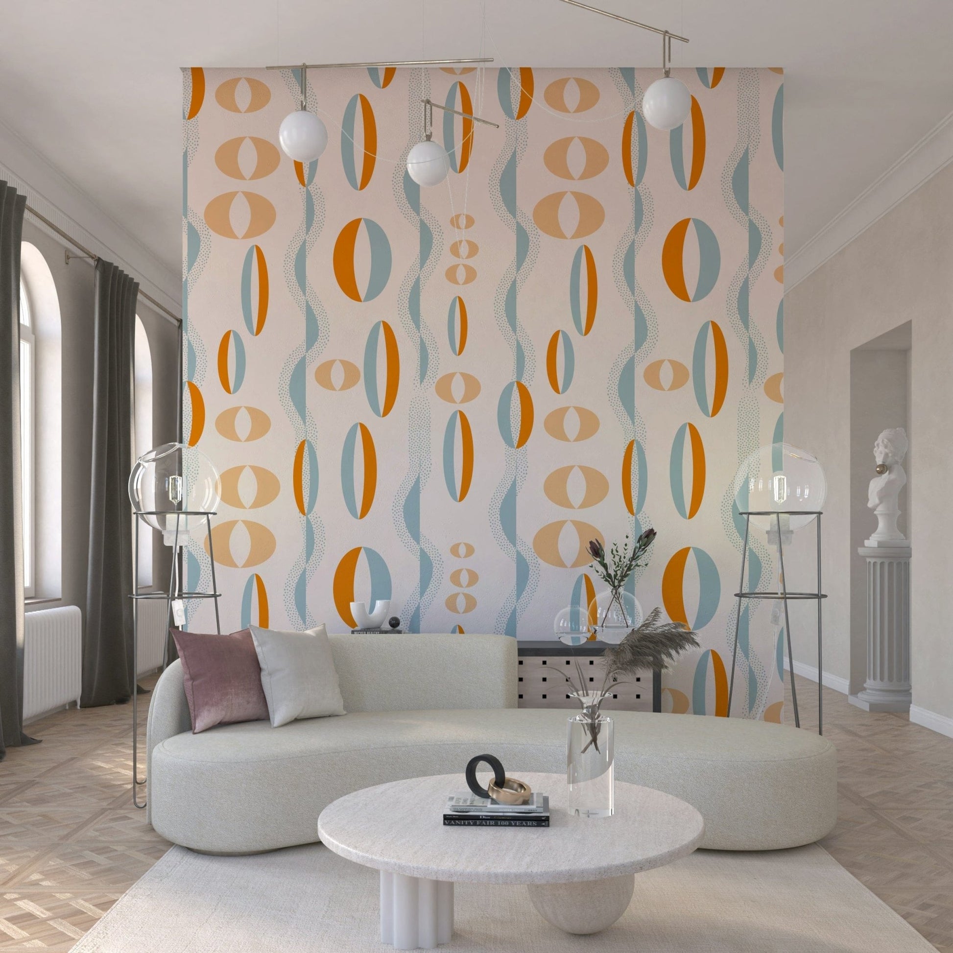 Vintage wallpaper featuring classic atomic-era motifs with elongated ovals and wavy blue lines.