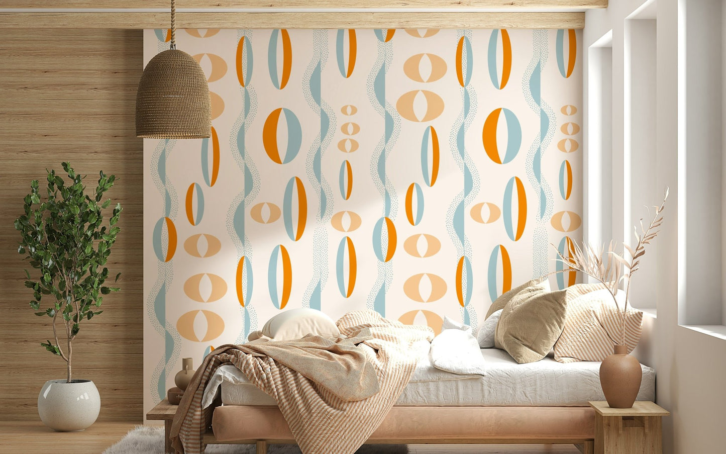 Retro atomic wallpaper displaying vertical rows of geometric ovals and dotted curves.