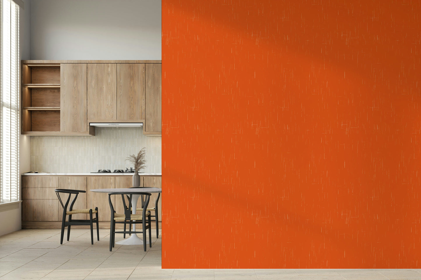 Vibrant orange Mod Atomic wallpaper, linen texture with white flecking detail.