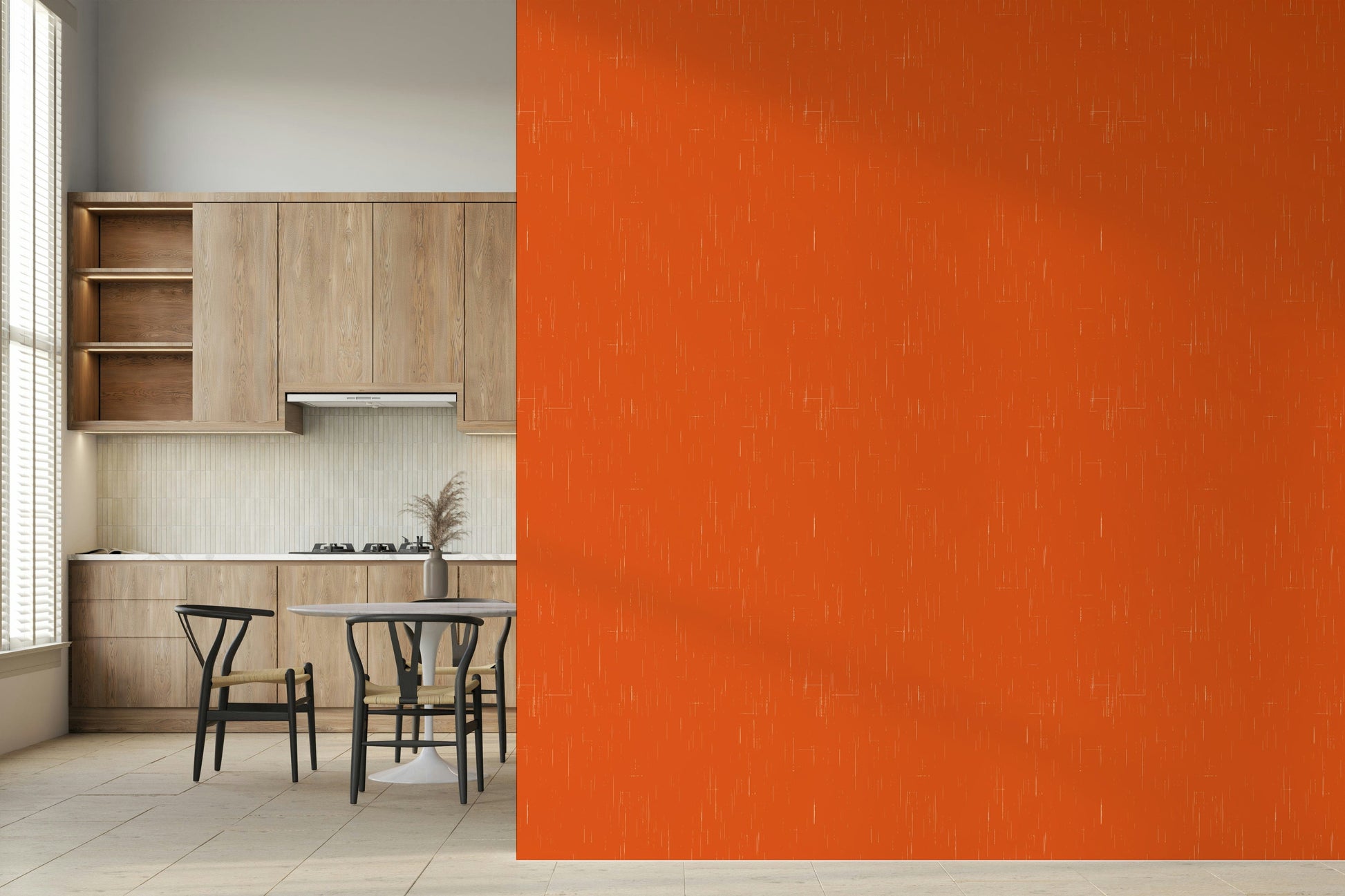 Vibrant orange Mod Atomic wallpaper, linen texture with white flecking detail.