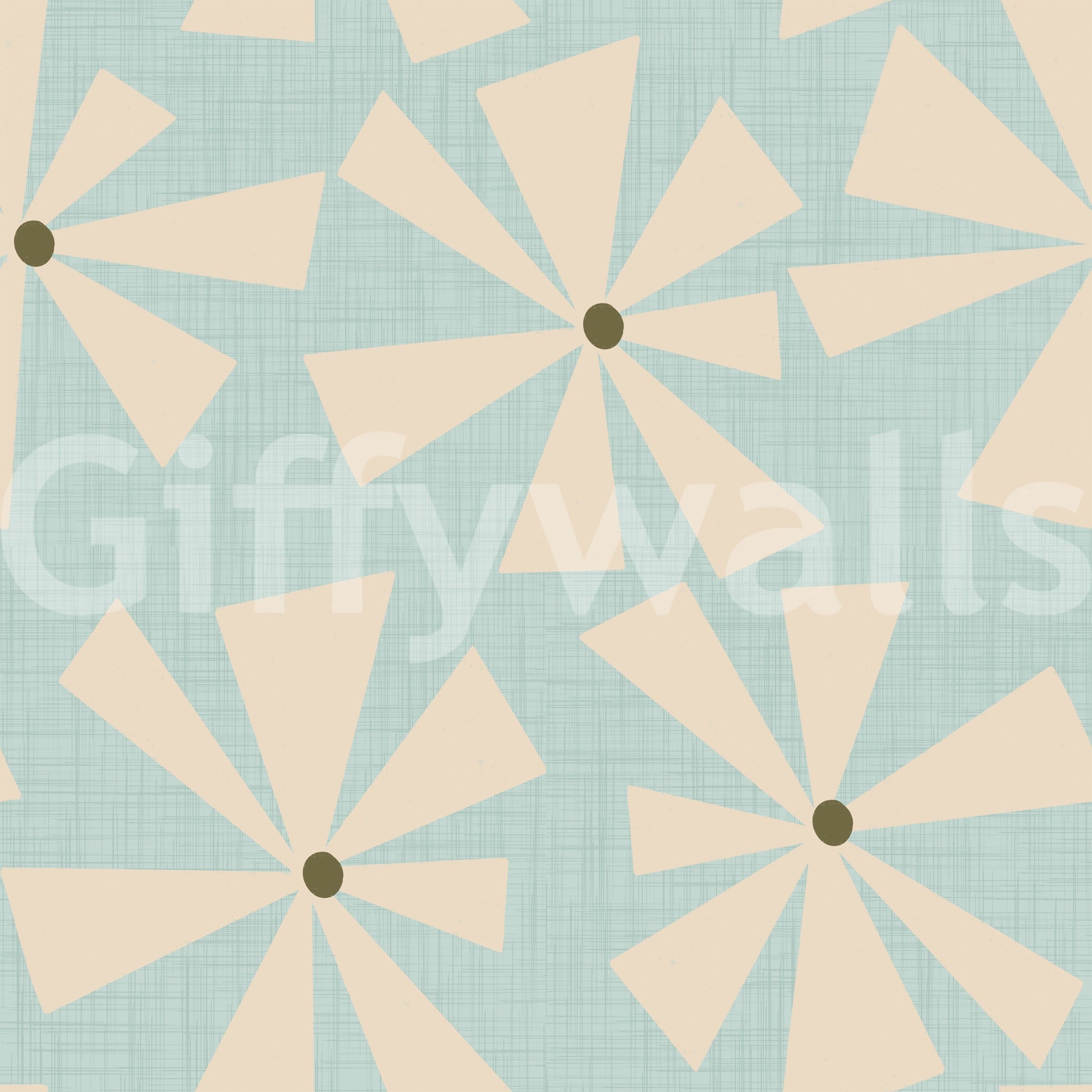 Retro floral burst wallpaper with radiating cream petals against a cool aqua backdrop.