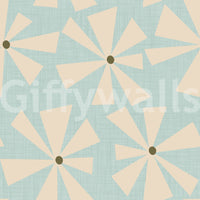 Retro floral burst wallpaper with radiating cream petals against a cool aqua backdrop.