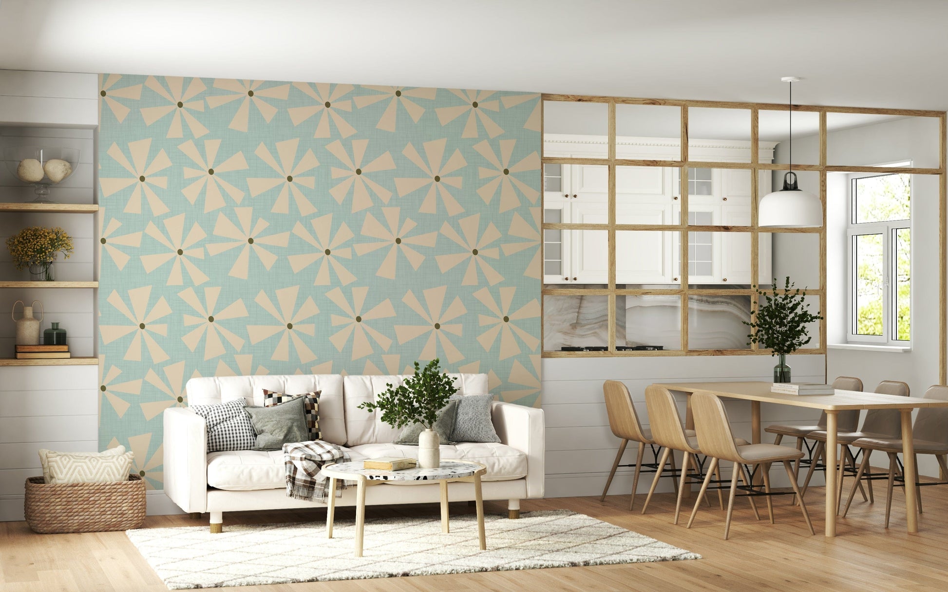 Chic retro wallpaper showcasing cream geometric blooms arranged in a lively starburst pattern.