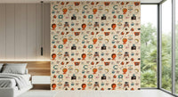 Hand-Drawn Mid-Mod Objects, Living Kitsch Beige Wall Mural.