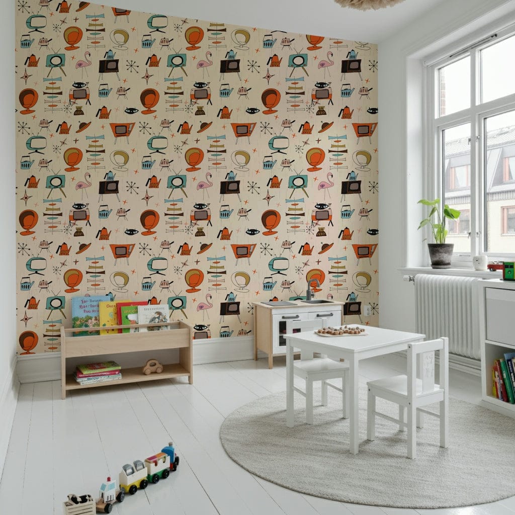 Atomic Retro Wallpaper, Mid-Century Furniture, Kitsch Devices Print.