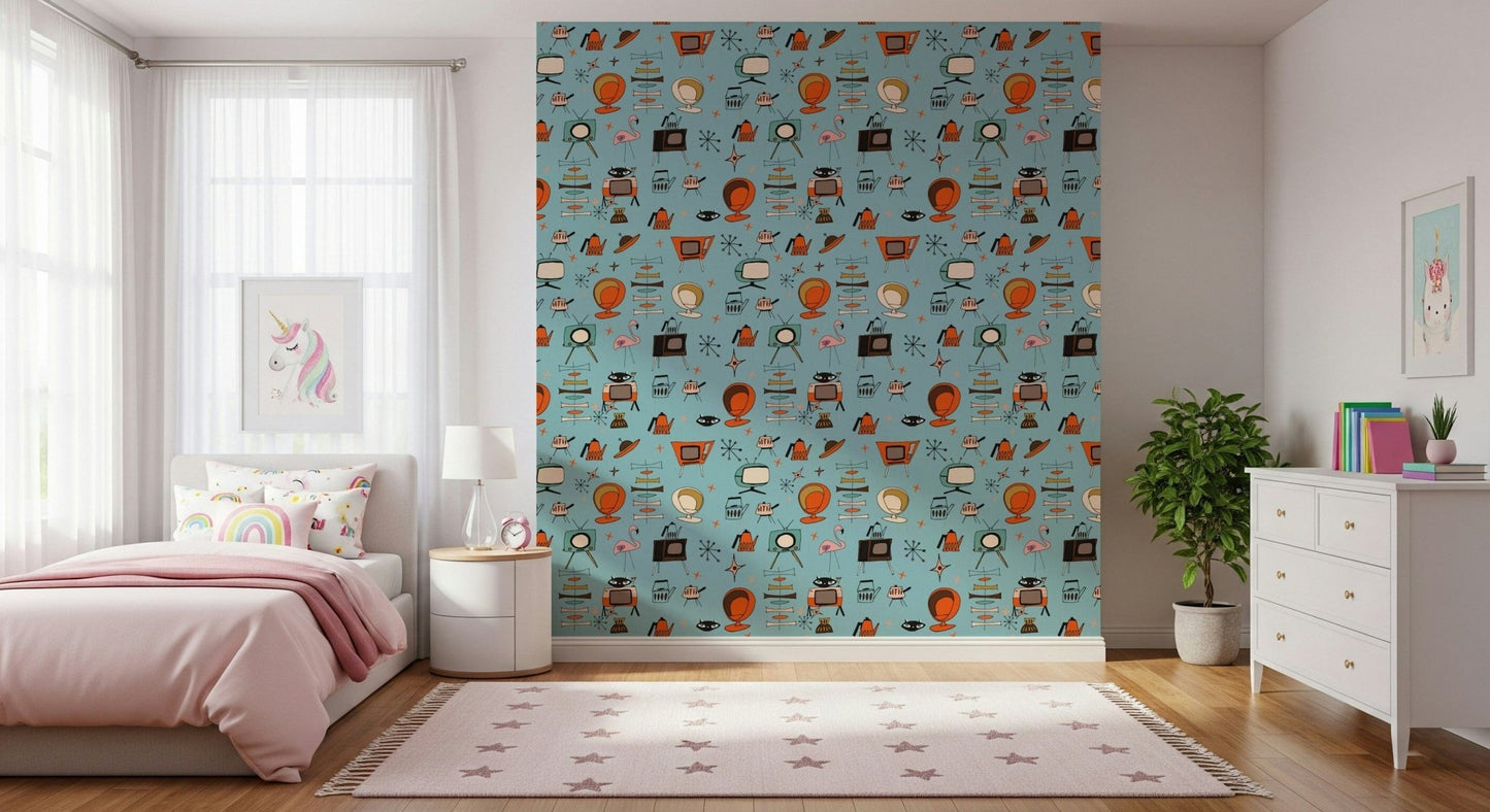 Playful Pink Flamingo, Living Kitsch Blue Theme Wall Mural.