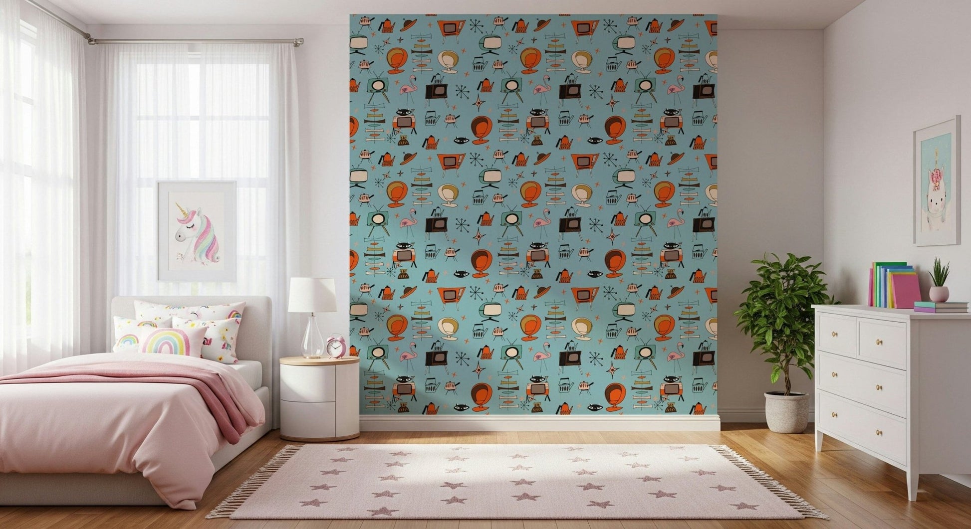 Playful Pink Flamingo, Living Kitsch Blue Theme Wall Mural.