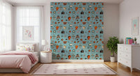 Playful Pink Flamingo, Living Kitsch Blue Theme Wall Mural.