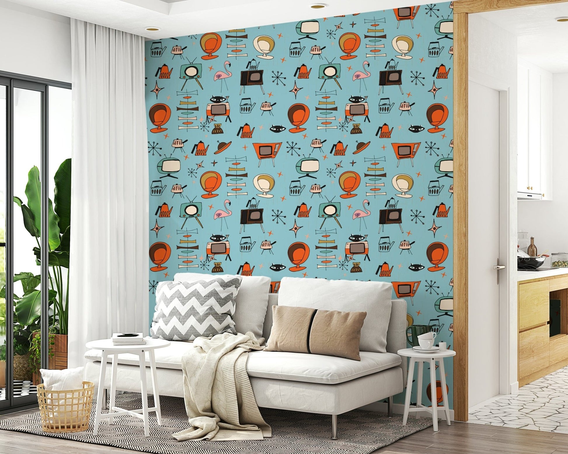 Googie Elements Atomic Retro Wallpaper, Teapots, Pod Chairs.