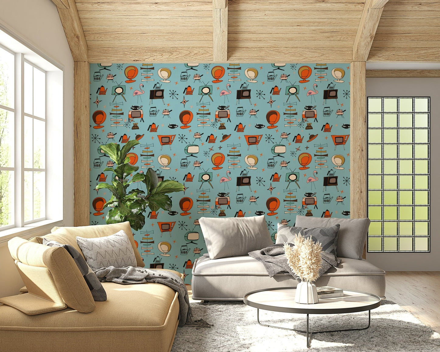 Living Kitsch Blue Wall Mural, Funky Furniture, Space Age Icons.