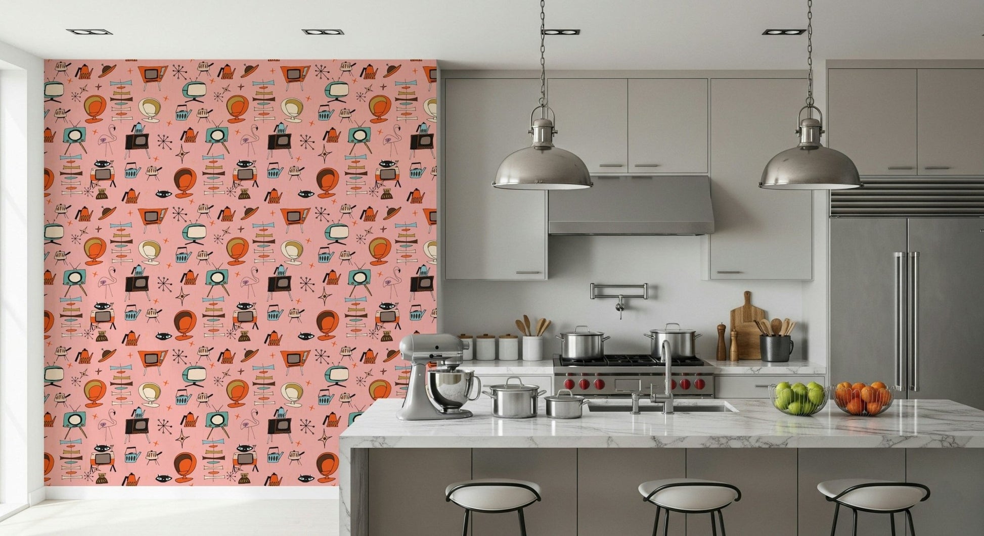 Space Age Elements Atomic Wallpaper, Teapots, Flying Saucer.