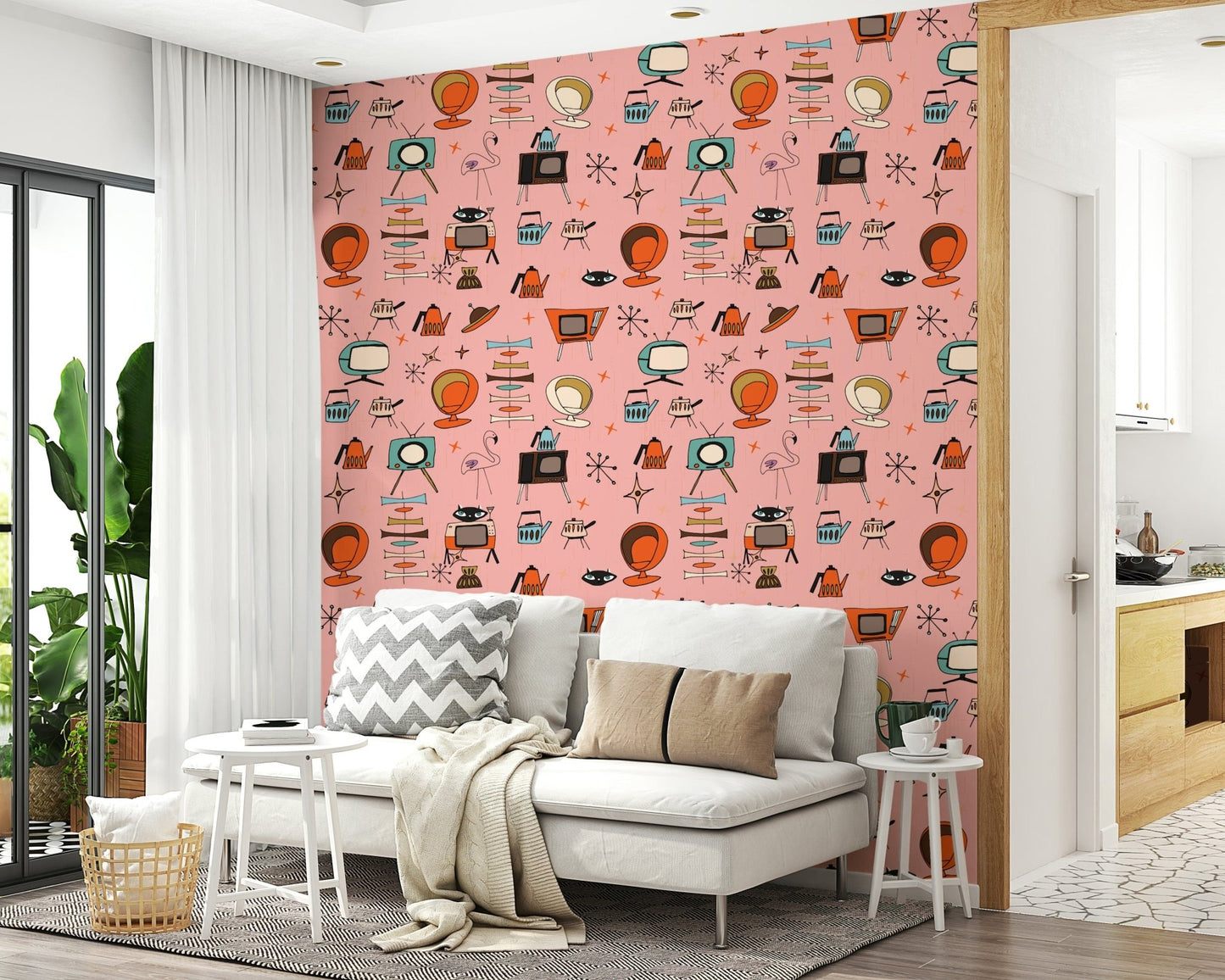 Stylized 1960s Atomic Wallpaper, Groovy Retro Furnishings.