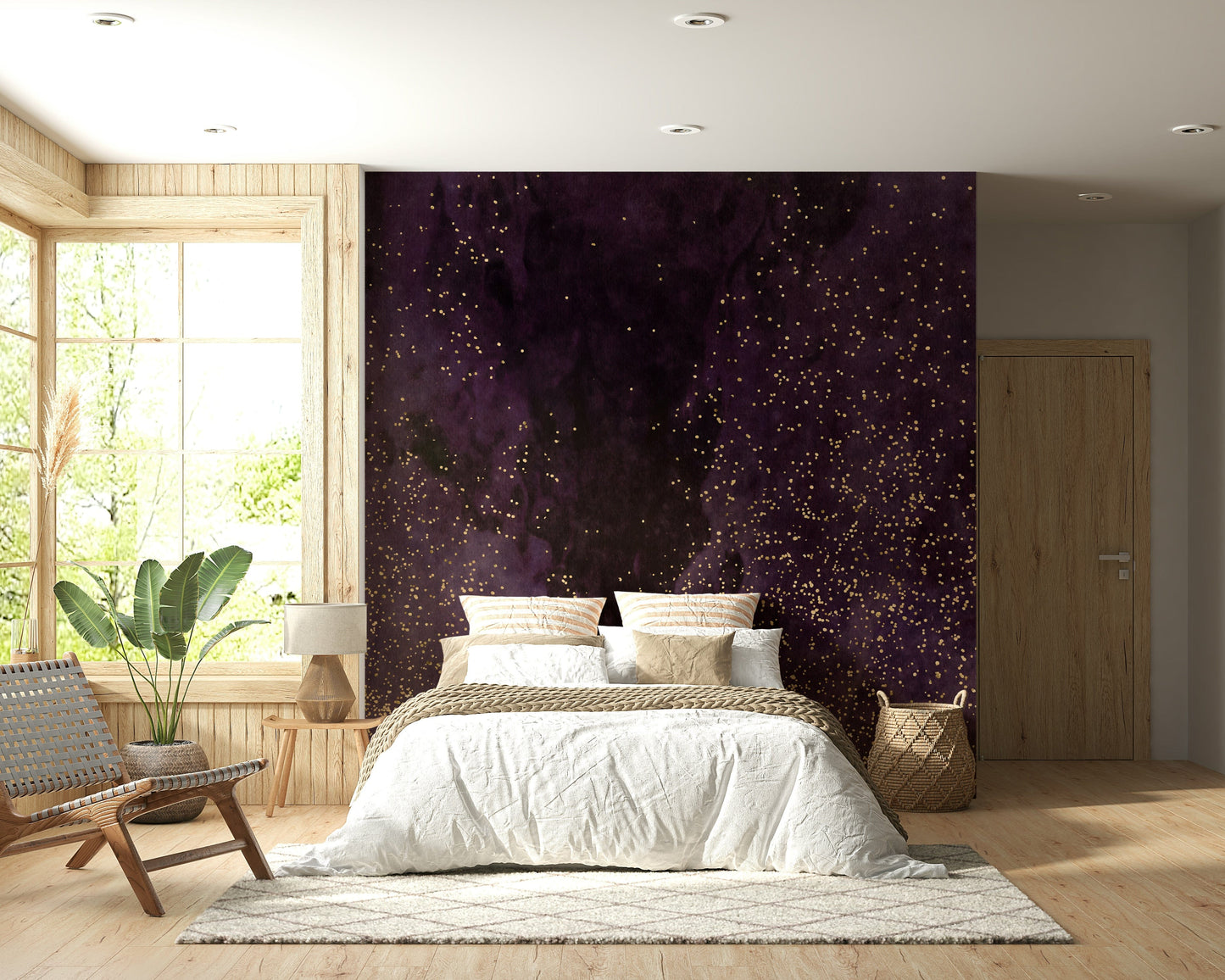 Galaxy Wallpaper in Aubergine Shades – Rich cosmic mural featuring deep plum tones and dreamy star patterns for an elegant wall décor.